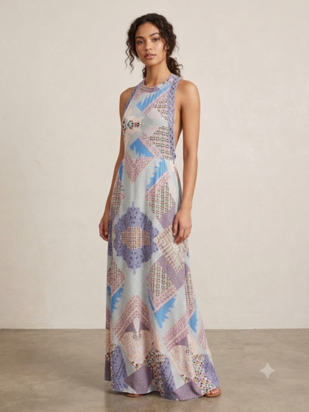 Jaase Boho Patchwork Maxi Dress Size M Crochet Lace Open Back Geometric Rayon